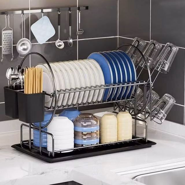 FLAVORA Black 2 Tier Steel Dish Drainer Rack with Drip Tray and Cutlery Holder – 1