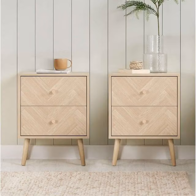 Birlea Herringford Chevron Oak 2 Drawer Bedside Cabinet Pair