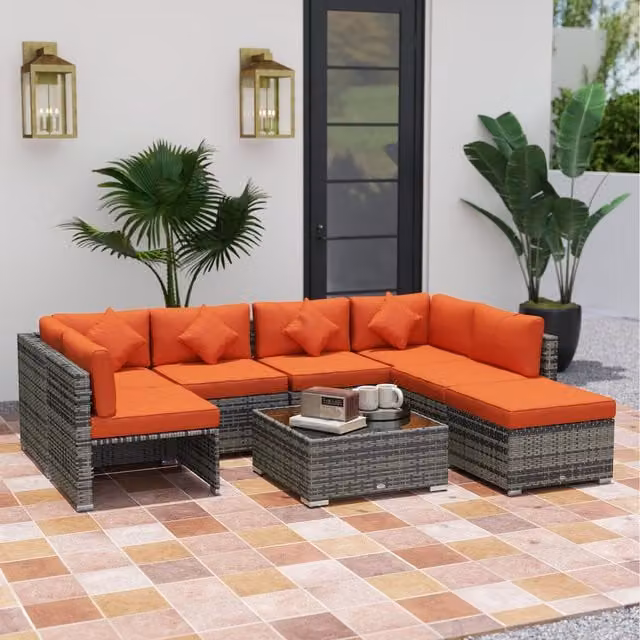Outsunny 8-Piece Modern Rattan Garden Furniture Set in Orange