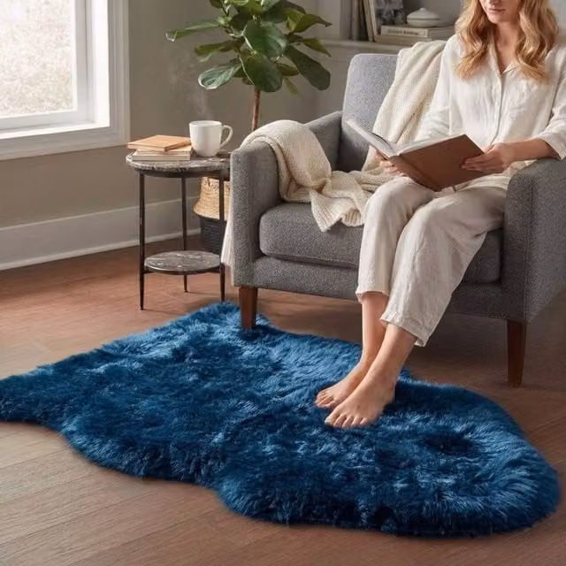 Infinity Leather Blue Real Sheepskin Wool Rug, W/D/H: 90 x 60 x 1 cm