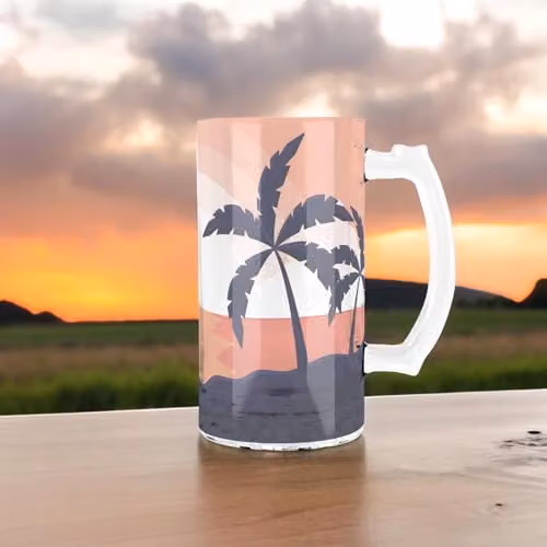 Purely Home Summer Beach Glass Stein with Handle, Sunset Silhouette Palm Trees Design, Multicolour and Red, 450ml – 2