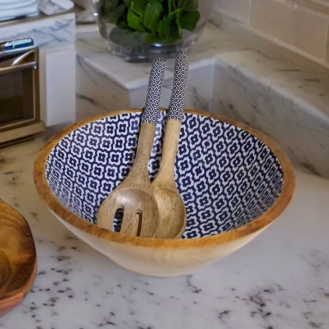 Hartsmede Sambhal Mango Wood Salad Serving Bowl with Spoons, Blue and Brown – 2