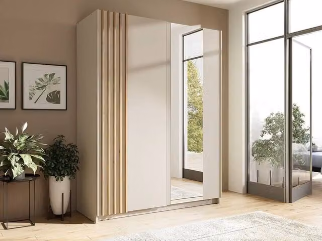 Vente-unique 2-Door Sliding Wardrobe with Mirror in Beige and Natural, W: 150.6 cm, H: 198.5 cm, D: 62 cm
