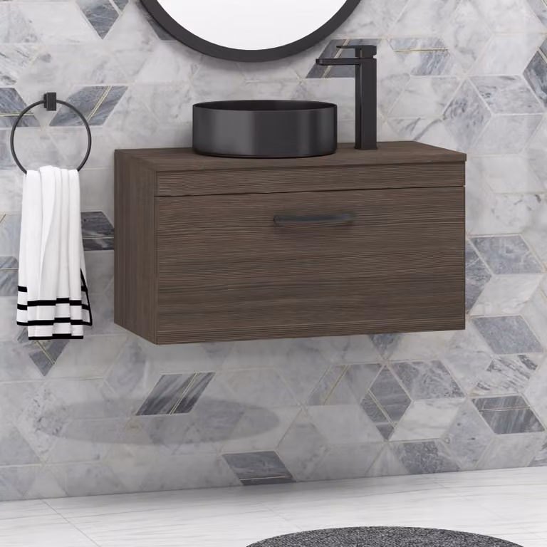 Royal Bathrooms Turin 800mm Grey Elm 1-Drawer Wall Hung Unit and Art Round Countertop Basin