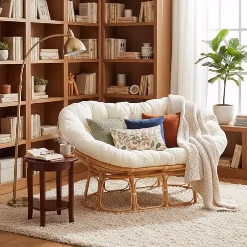 Desser Natural Rattan Double Papasan Chair with Beige Bouclé Fabric Cushions, H97 x W170 x D85 cm – 2