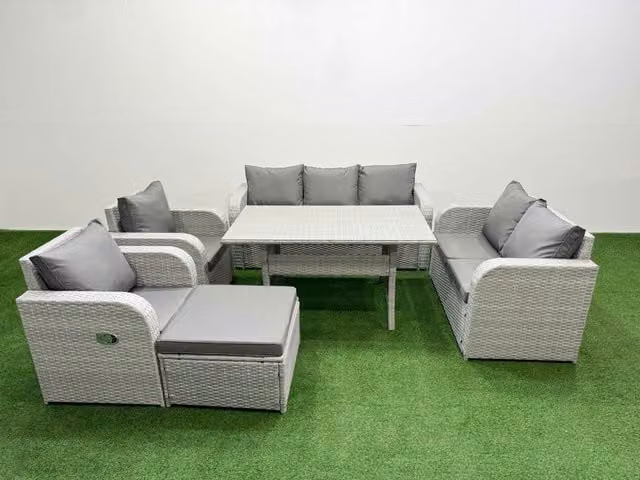 Fimous PE Rattan Garden Furniture Set in Light Grey with Reclining Chair, Double Love Seat, Rectangular Dining Table and Footstool