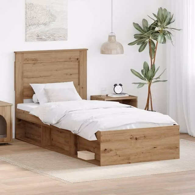Berkfield Home Artisan Oak Bed Frame in Brown with Solid Pine Wood and Flat Fixed Slats, W: 75 cm, L: 190 cm