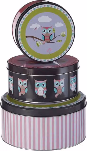 Orsina Set of Three Happy Owl Airtight Metal Storage Tins, Pink and Multicolour Nestable Kitchen Tins