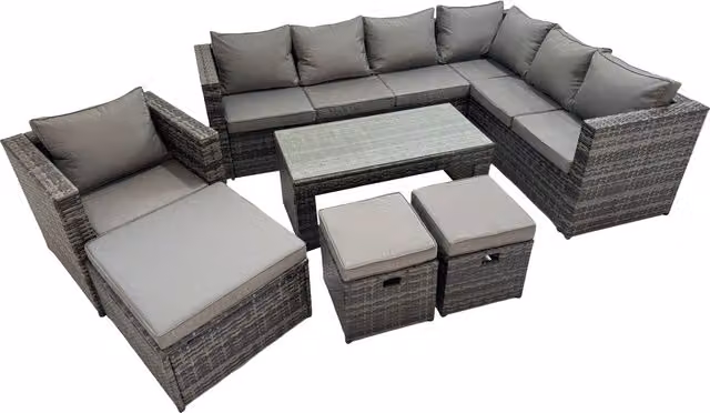 Fimous Modern L-Shape Garden Furniture Set in Grey with 3-Seater Sofa, Coffee Table and Ottoman