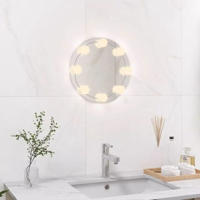 Berkfield Home Round Frameless Glass Wall Mirror with LED Lights in Silver