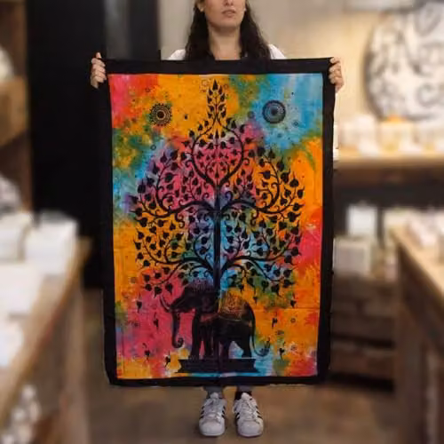 KDMD Elephant Tree Cotton Wall Hanging, Multicolour Floral and Animal Tapestry, W: 112 cm, H: 78 cm – 2