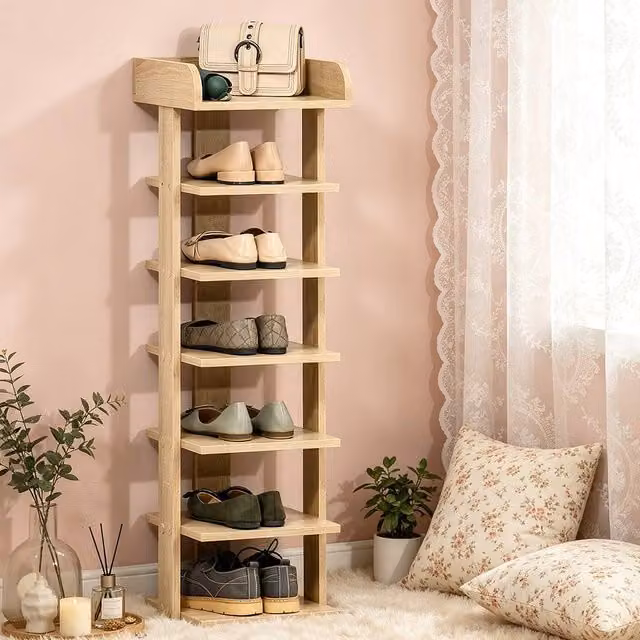 ERGOVEXA 7-Tier Oak Wood Shoe Rack Display Shelf in Brown