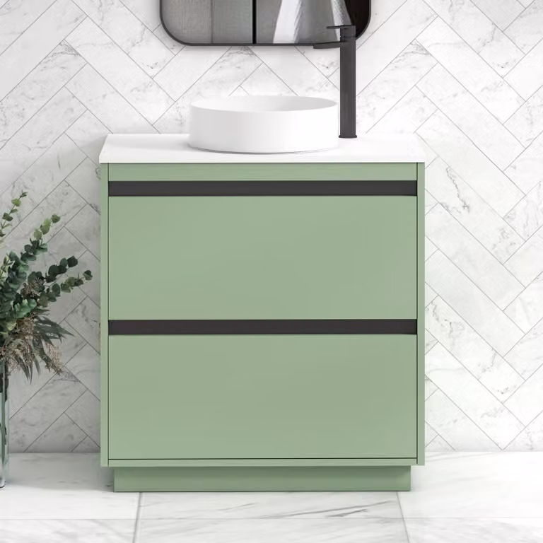 Royal Bathrooms Orion 800mm Mint Sage Floor Standing 2 Drawer Vanity Unit with Art Basin and Black Accent Trim