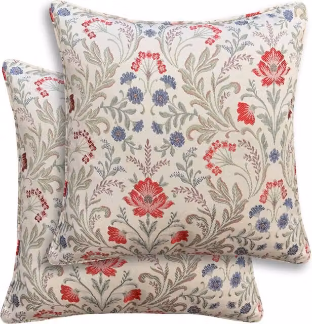 Enhanced Living Classic Floral Linen Square Cushion Covers, Pair, Red, Blue and Multicolour, W/D/H: 45 x 45 x 45 cm