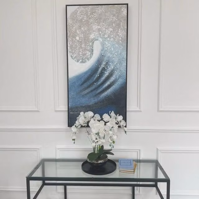 Modish Furnishing Blue, White, Black and Grey Abstract Wave Canvas Wall Art with Black Frame