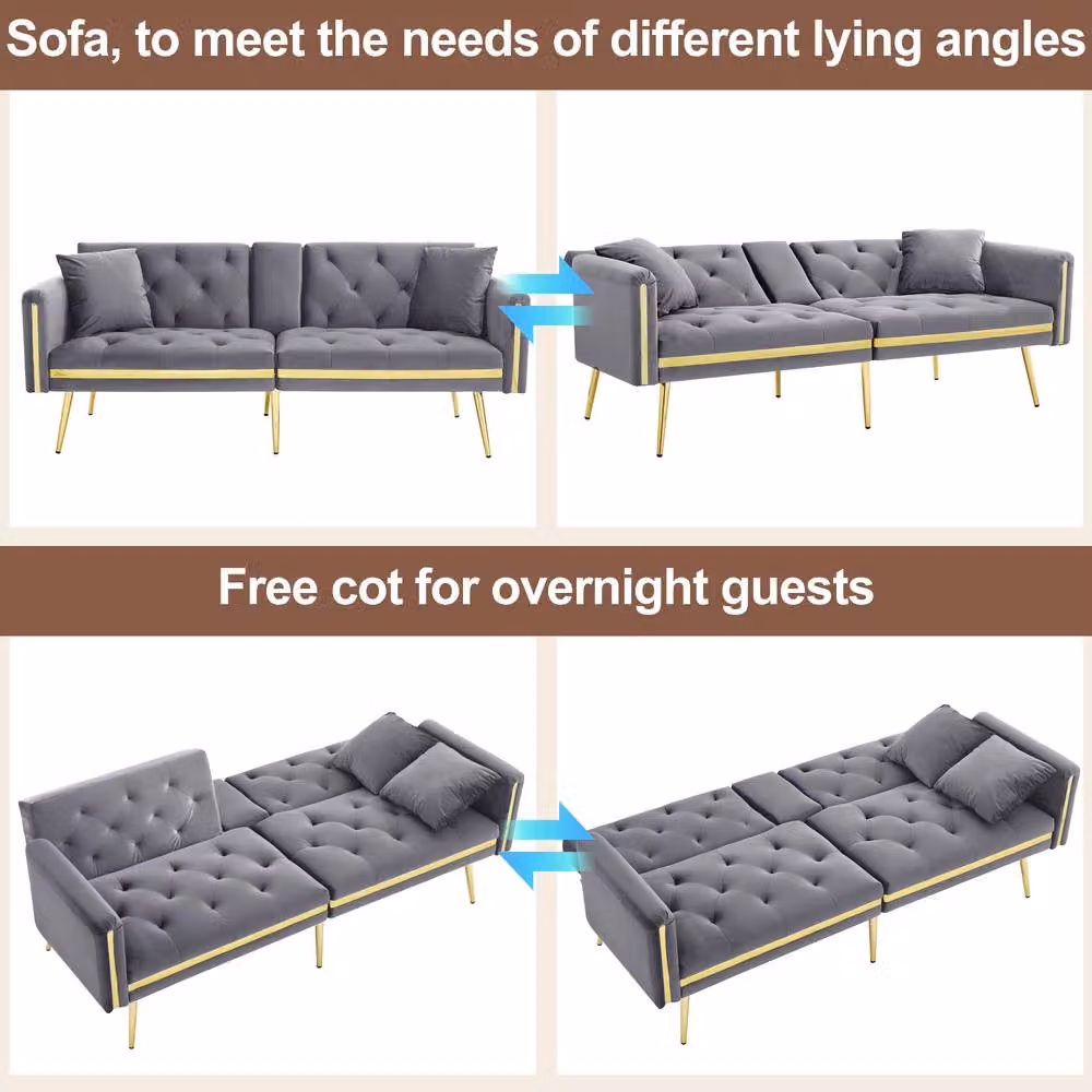 Merax Grey Velvet Sofa Bed with Gold Trim and Fold-Down Cup Holders, W: 174 cm, H: 76 cm, D: 71.5 cm – 2