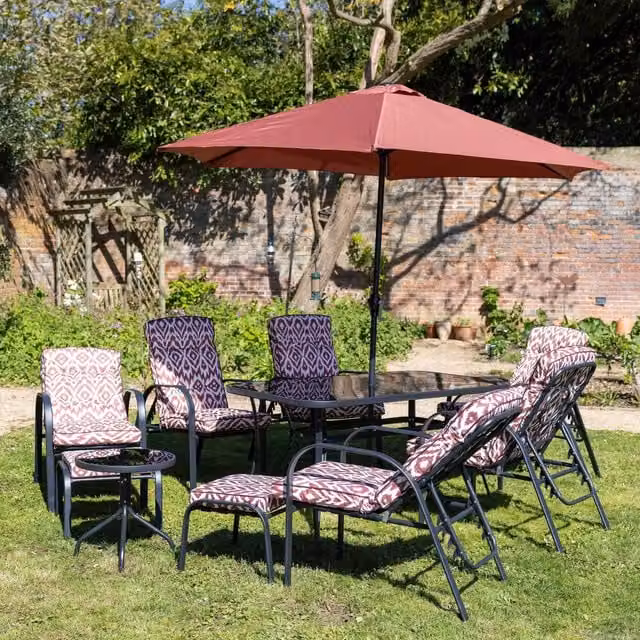 Hectare 6 Seater Reclining Dining Set with Tempered Glass Table and Parasol in Red – 1