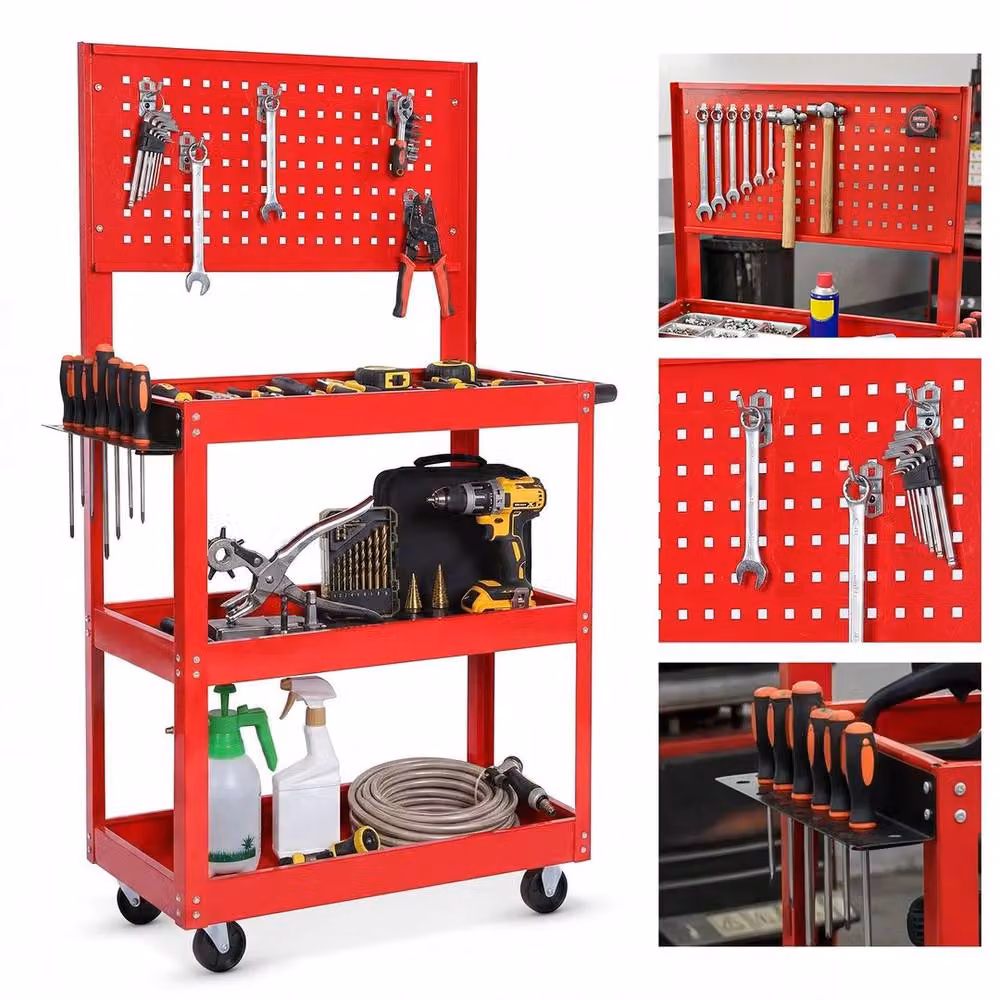 FLAVORA 3 Tier Heavy Duty Rollable Tool Storage Trolley Cart in Red, W: 100 cm, D: 15 cm – 5