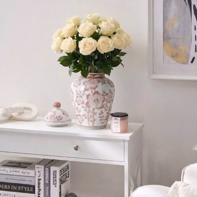 Wyld and Coco Porcelain Lidded Ginger Jar Vase with Red Floral Design in White, W/D/H: 18 x 18 x 36 cm
