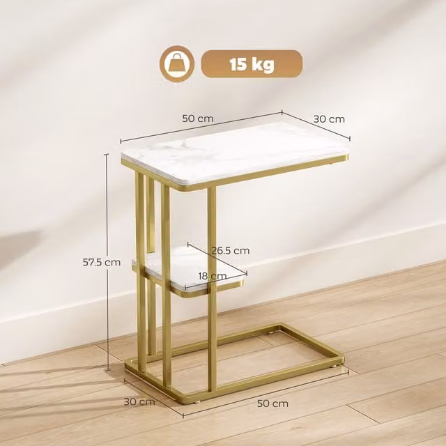 HOMCOM Modern C-Shaped 2-Tier Narrow Side Table in White and Gold