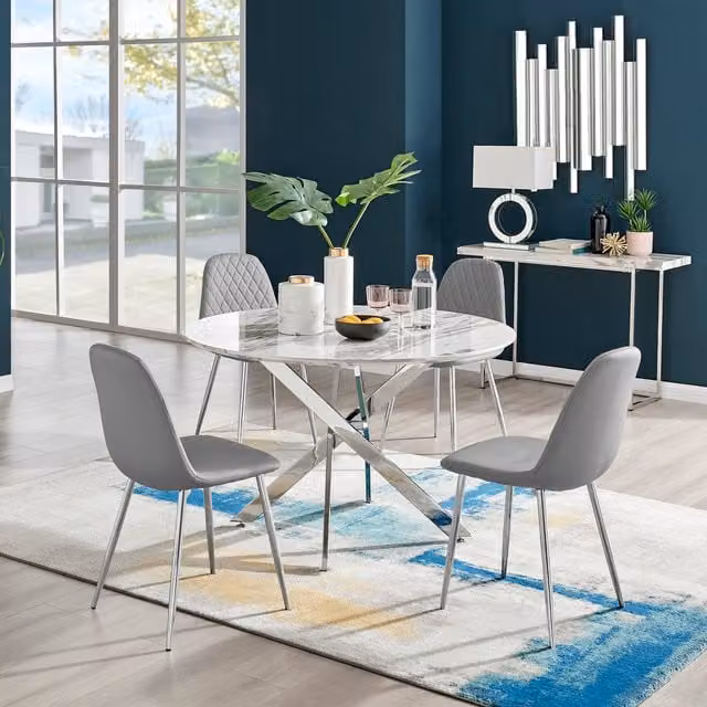 FurnitureboxUK Novara White Marble Effect Round Dining Table and 4 Corona Silver Chairs in Grey, Diameter: 120 cm