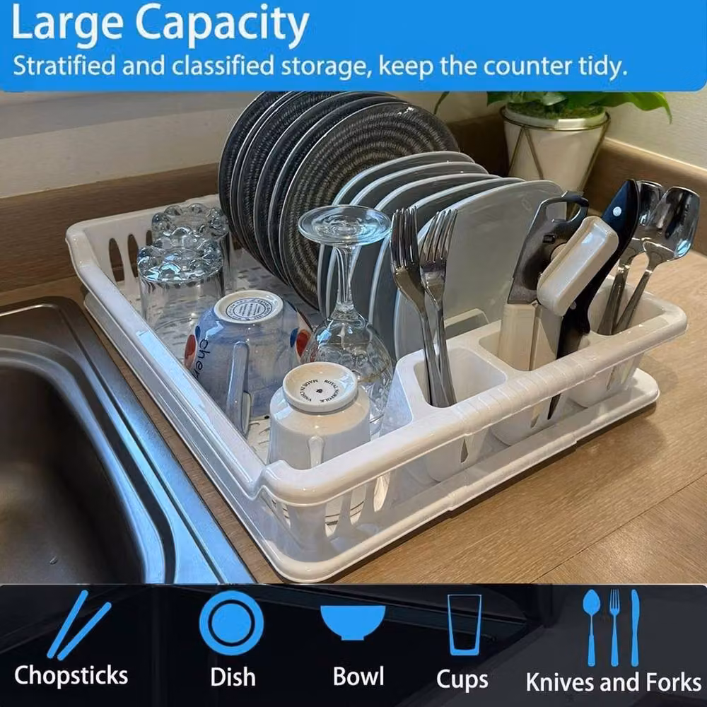 PAWNORA White Kitchen Dish Drainer Plate Drying Rack with Cutlery Holder and Drip Tray – 2