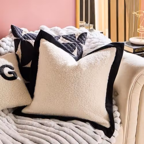 OHS Pack of 2 Boucle Square Cushion Covers with Oxford Edge, White and Black, W/D/H: 45 x 45 x 45 cm – 1