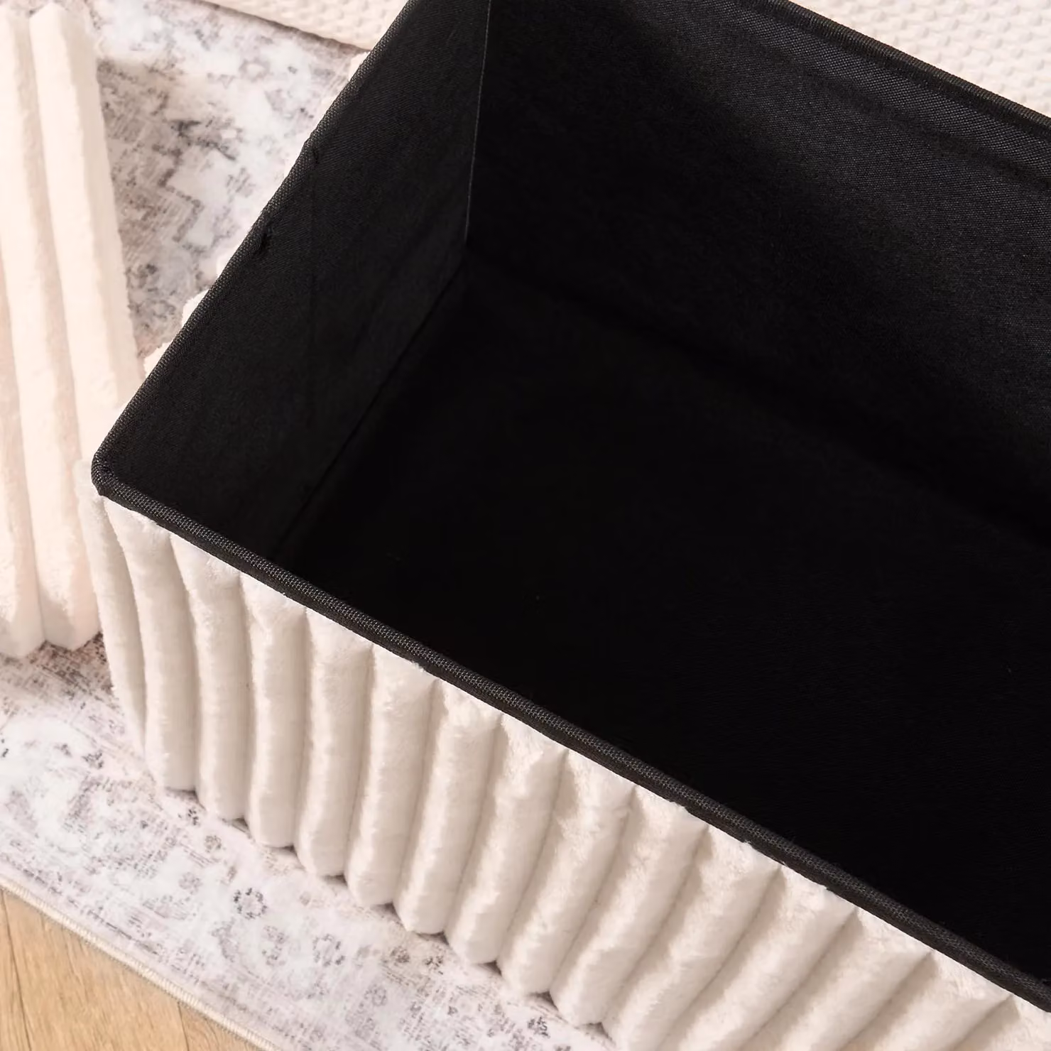 OHS Modern Cream Ribbed Rectangle Storage Ottoman with Lid – 5