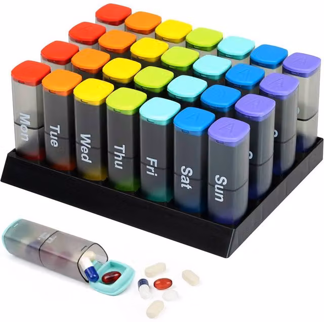 FINEWAY 28 Day Monthly Pill Organiser with Freestanding Colour-Coded Transparent Plastic Stand in Clear and Multicolour