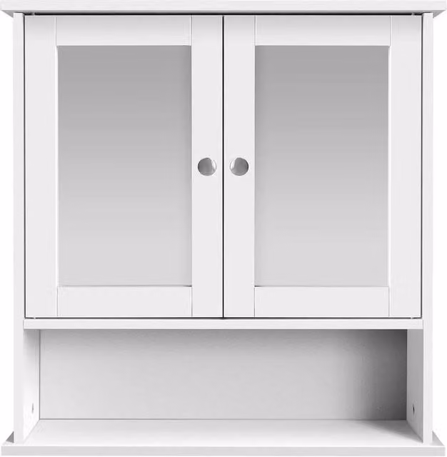VOGREX Wall Mounted Double Mirror Bathroom Cabinet with Internal Shelves and Open Shelf in White – 1