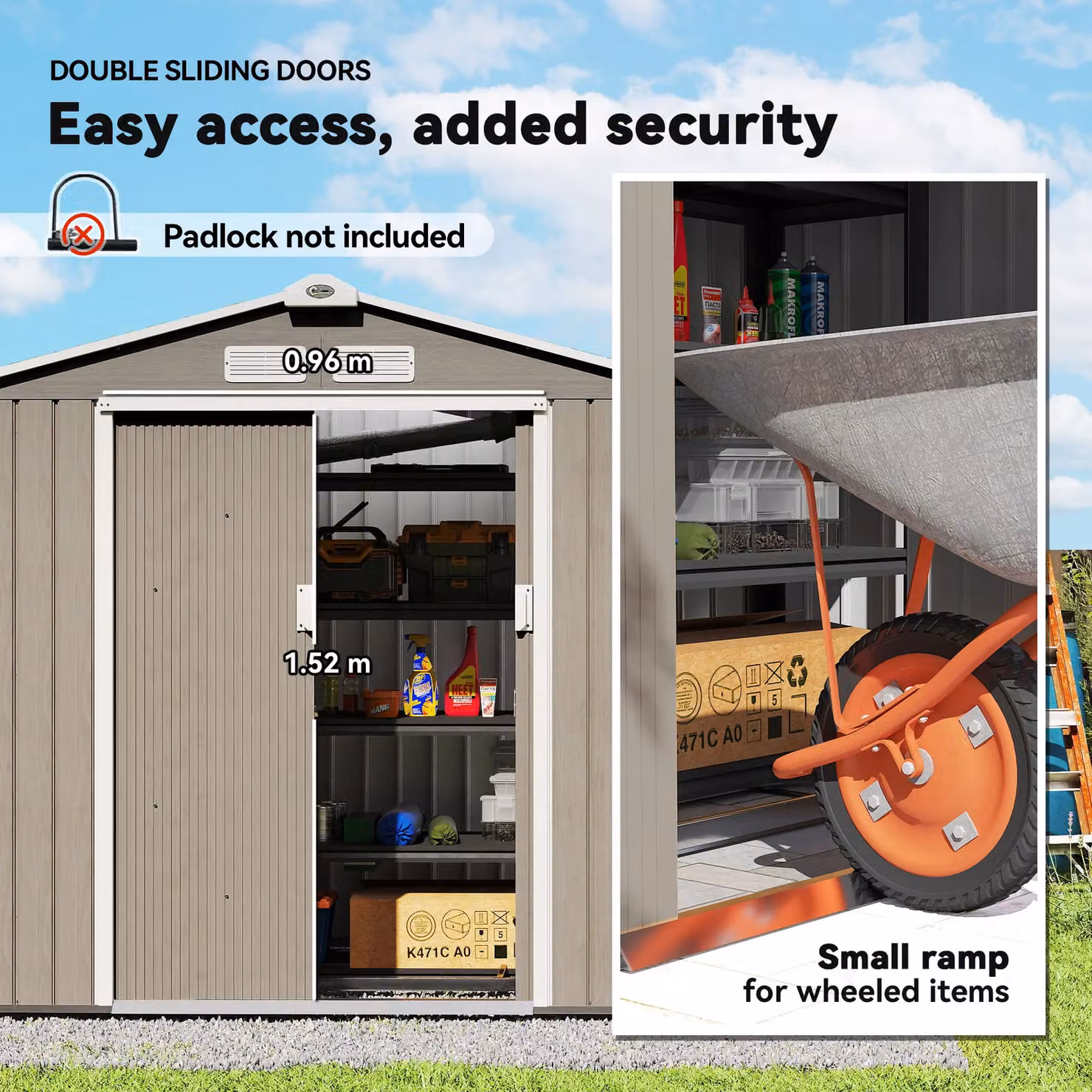 Outsunny Large Galvanised Steel Garden Storage Shed with Locking Sliding Doors and Side Vent in Brown – 4