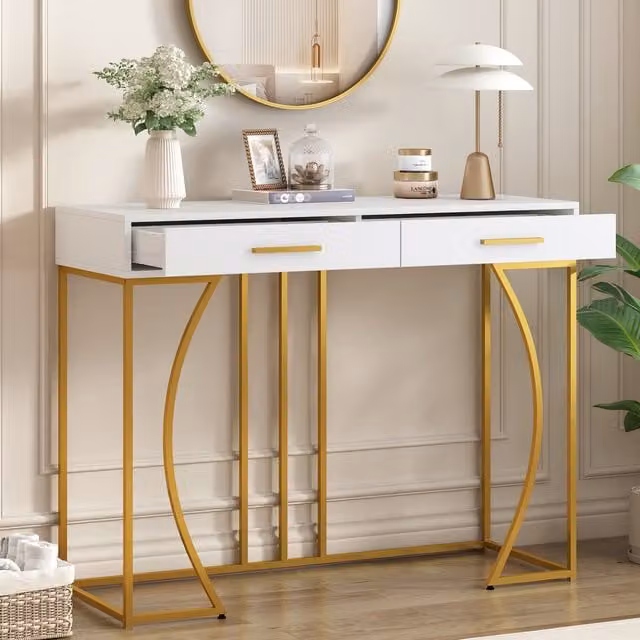 Aosom UK Modern White Console Table with 2 Drawers and Gold-plated Handles, W/D/H: 120 x 38 x 76 cm