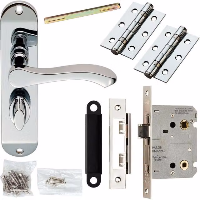Loops Chrome Door Handle and Bathroom Lock Pack with Scroll Thumb Turn and Slim Backplate