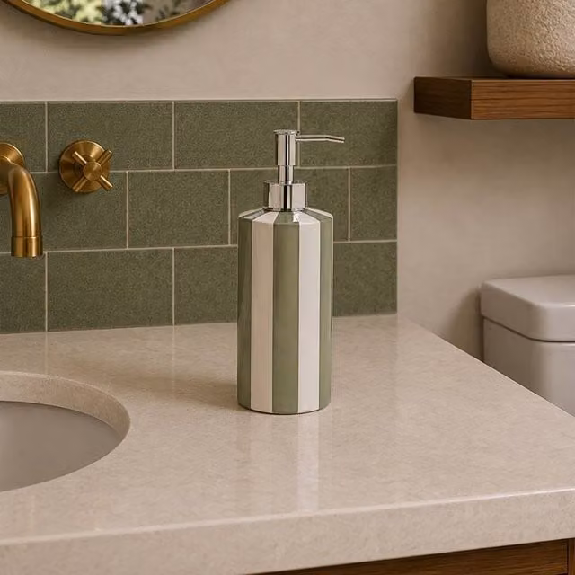 Showerdrape Ceramic and Metal Pump Liquid Soap Dispenser in Green and White Striped – 1