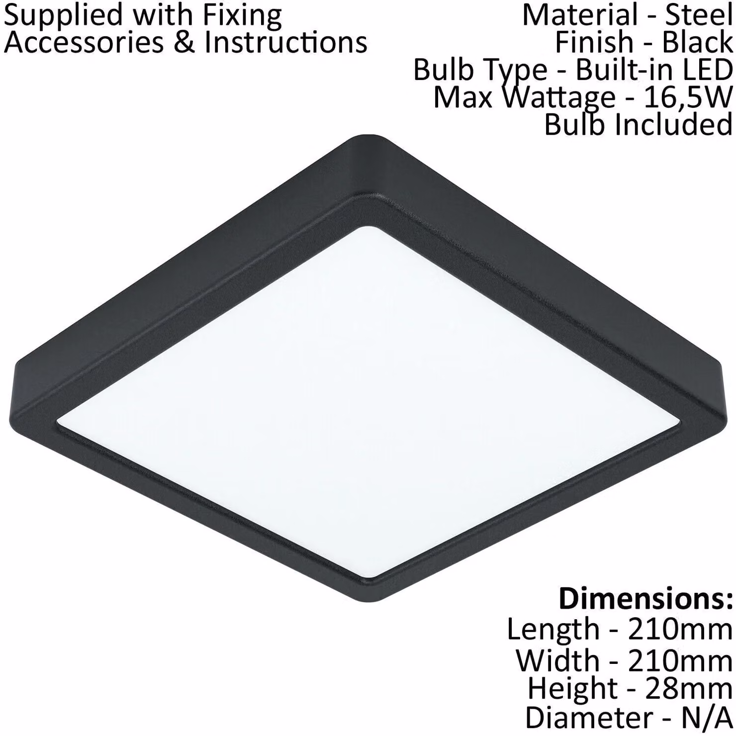 Loops 2 Pack Black Square Surface Mounted LED Wall and Ceiling Light, 16.5W, 3000K Warm White, W/D/H: 21 x 21 x 2.8 cm – 2