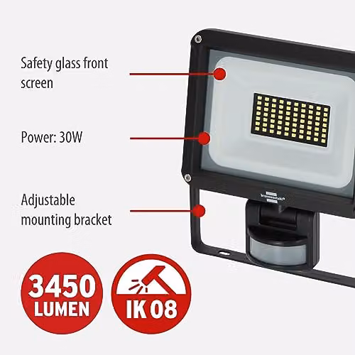 Brennenstuhl Jaro 4060 P LED Wall Floodlight, Black, 30W, 3450lm, 6500K, with Motion and Dusk Sensors, IP65 – 2