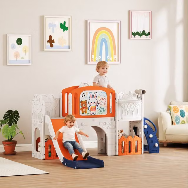 AIYAPLAY 7 in 1 Toddler Slide Set with Basketball Hoop in Orange