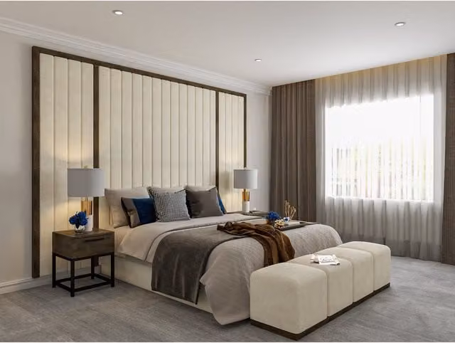 Casani Coco Tropez Line Wallboard Bed in Blue and Beige Abstract Marble Fabric, W/D/H: 180 x 200 cm