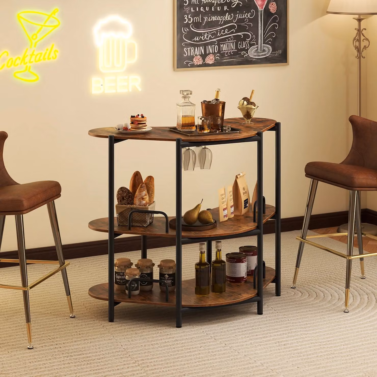 Gymax 3-Tier Industrial Corner Bar Unit with Wine Glass Holder in Brown – 3