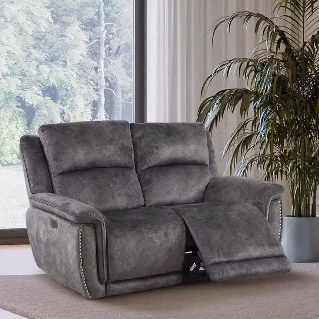 Furnishings For Less UK Mendoza Grey Plush Velvet 2 Seater Electric Reclining Sofa with USB Charging W/D/H: 165 x 103 x 103 cm