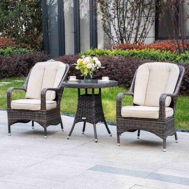 Direct Wicker Brown Rattan Bistro Set with Round Glass Top Table and 2 Armchairs for Garden, Balcony or Terrace – 1