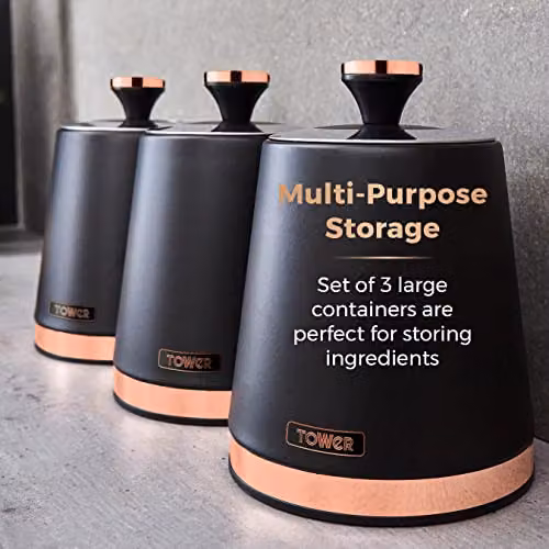 Tower Cavaletto Set of 3 Airtight Stainless Steel Storage Canisters for Coffee, Tea and Sugar in Black and Gold – 3