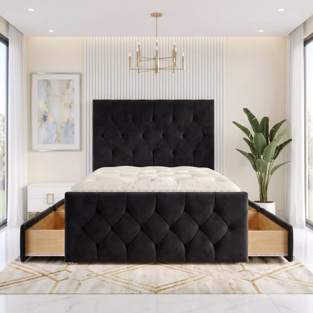 Somnior Ziggy Small Double Velvet Divan Bed with 4 Drawers, Headboard and Footboard, Black, W/D/H: 120 x 200 x 28 cm – 2