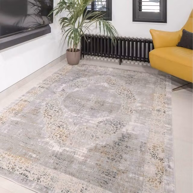 The Rug House Metallic Traditional Medallion Living Area Rug in Grey, Silver, Petrol and Blue, W: 110 cm, D: 60 cm