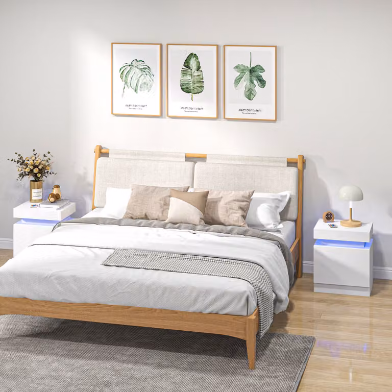 HOMCOM White High Gloss Bedside Table with Integrated LED Light and 2 Drawers