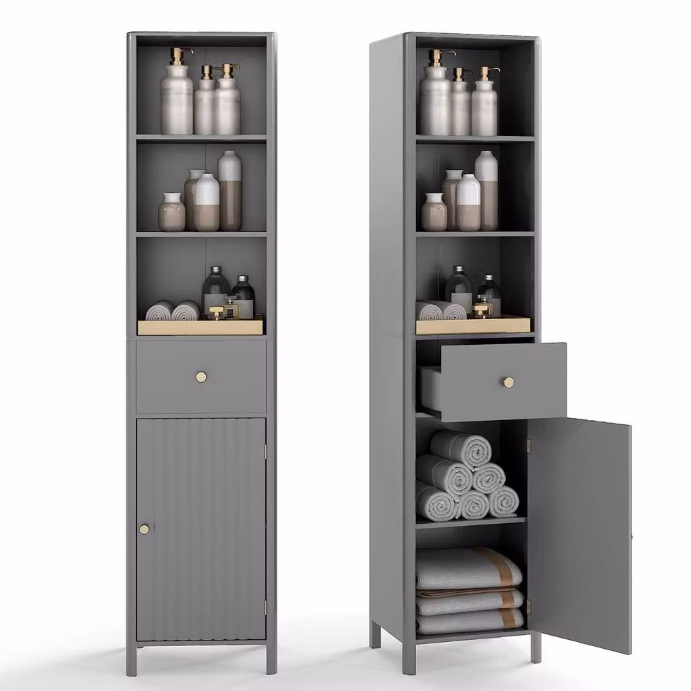 Costway Grey Wooden Narrow Bathroom Floor Cabinet with Fluted Hinged Doors, H 170 x W 40 x D 30 cm – 2