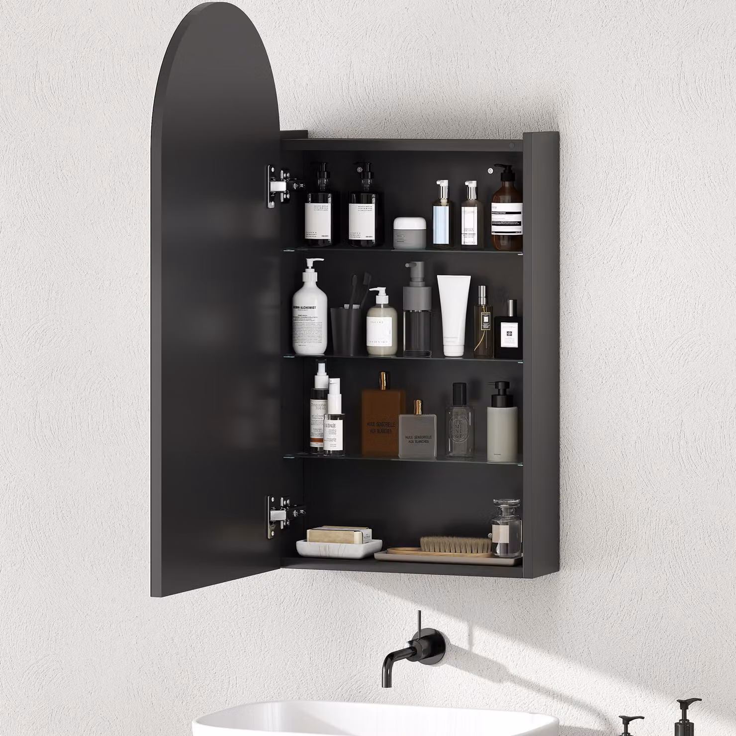 HOMCOM Arched Bathroom Mirror Cabinet in Black with Adjustable Glass Shelves – 4