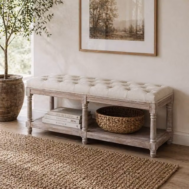 Wyld Haus Lono Cream Tufted 2 Tier Vintage Style Fabric and Wood Shoe Rack Storage Bench