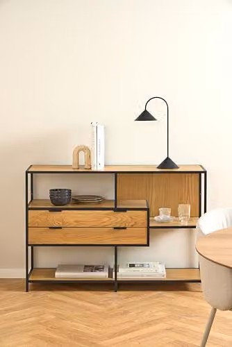 AC Design Furniture Jörn Shelf with 2 Drawers and 3 Shelves in Matt Black Steel and Matte Wild Oak Rough Melamine, W: 114 cm, D: 35 cm, H: 78 cm – 2