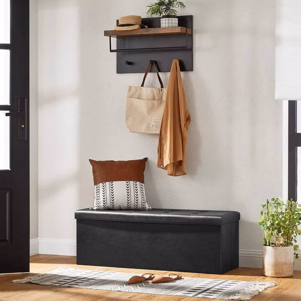SPETLEK Foldable Small Storage Ottoman and Foot Rest in Black Synthetic Leather – 6